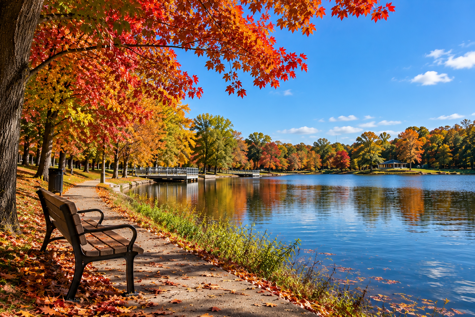 Fall foliage near Battle Creek MI featuring colorful autumn trees, a peaceful lakeside walking path, a park bench, and vibrant red, orange, and yellow leaves.